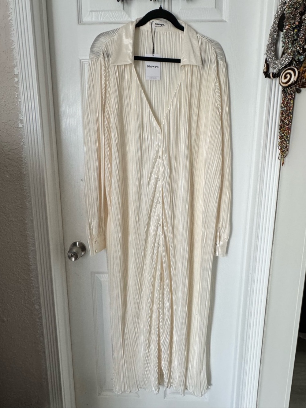 Showpo Cream Plisse maxi Sleeve Shirt Dress